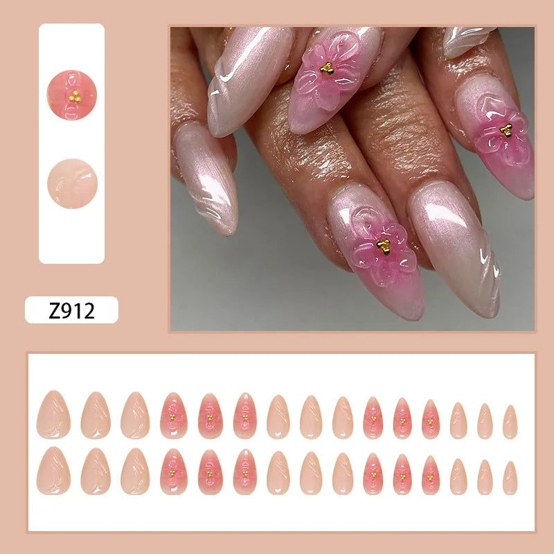 Set de 24 Faux Ongles Fleur Blanche  – Dégradé Pastel Rose & Jaune Chic