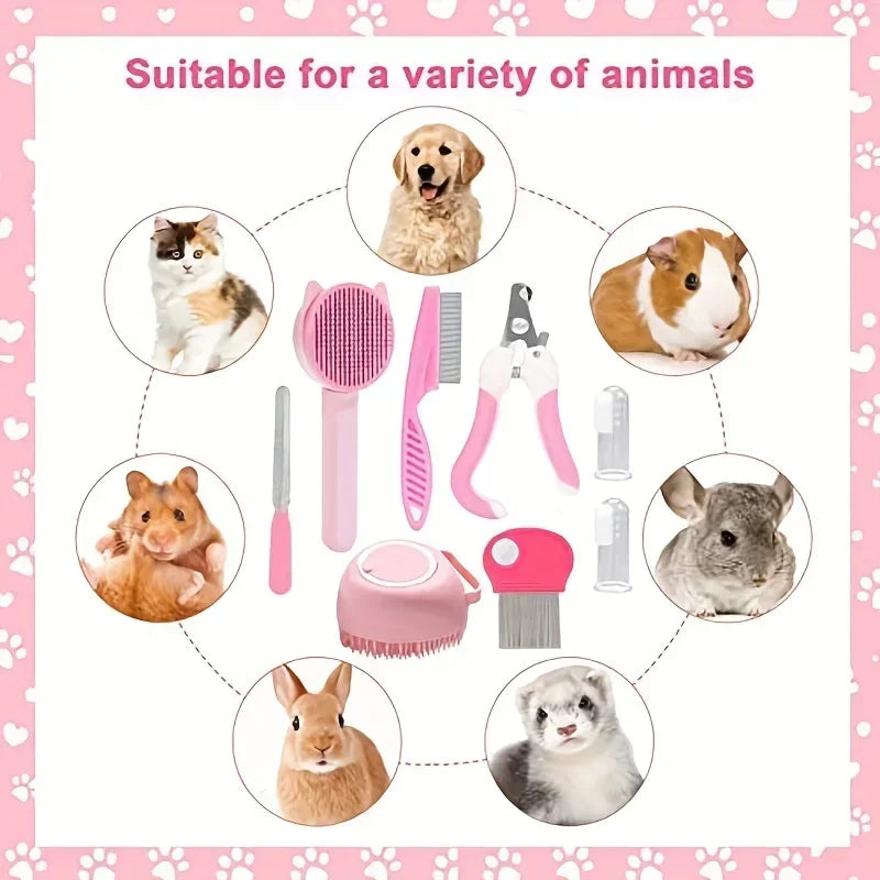 Kit de toilettage 8 pièces pour chat — brosses, coupe-griffes, peigne anti-puces