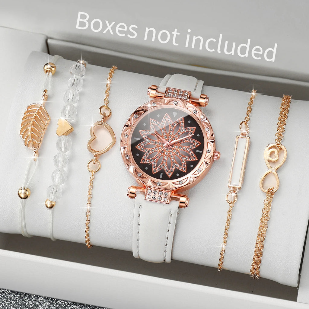 Montre Femme Cœur – Ensemble 6 Pièces Bracelet + Montre (Sans Boîte)