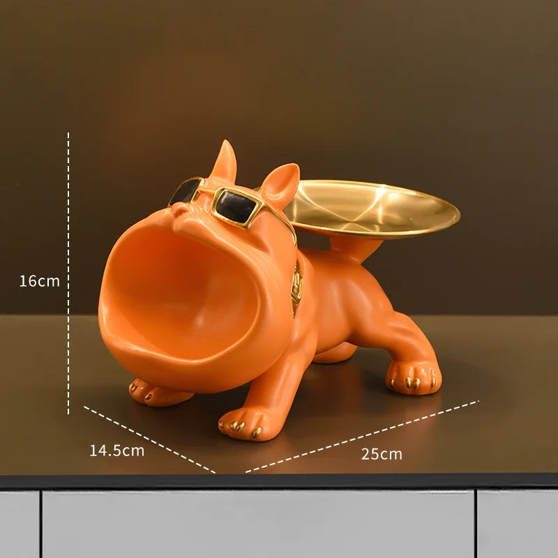 Statue Bouledogue avec Plateau Doré – Sculpture Design & Rangement Élégant