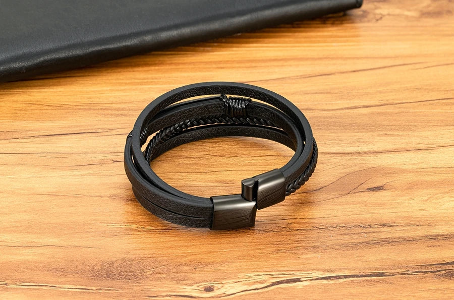 Bracelet Homme Multicouche Cuir & Acier – Style Classique XQNI