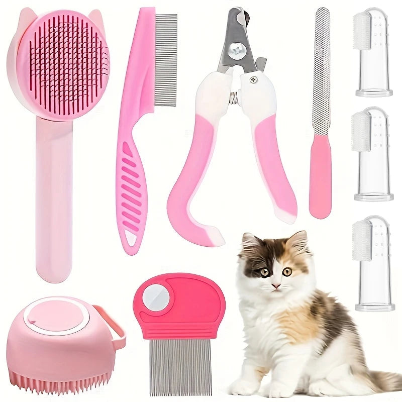 Kit de toilettage 8 pièces pour chat — brosses, coupe-griffes, peigne anti-puces