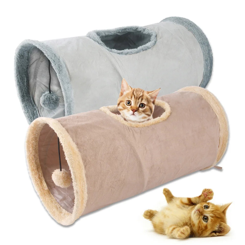 Tunnel en peluche suède pour chat — cachette de jeu