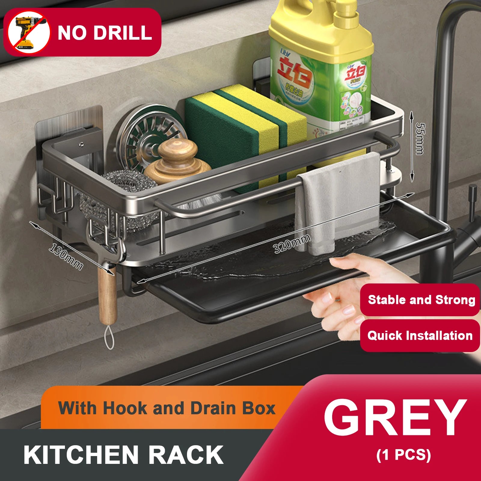 Égouttoir d’Évier en Aluminium avec Plateau – Support Éponge, Savon & Serviette | 1 Niveau