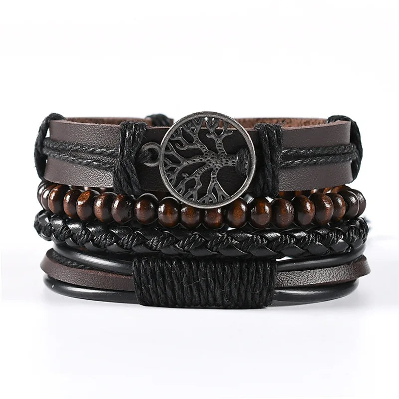 Bracelet Homme Luxe – Set de 4 Bracelets Tressés en Cuir (Style Ethnique Tribal)