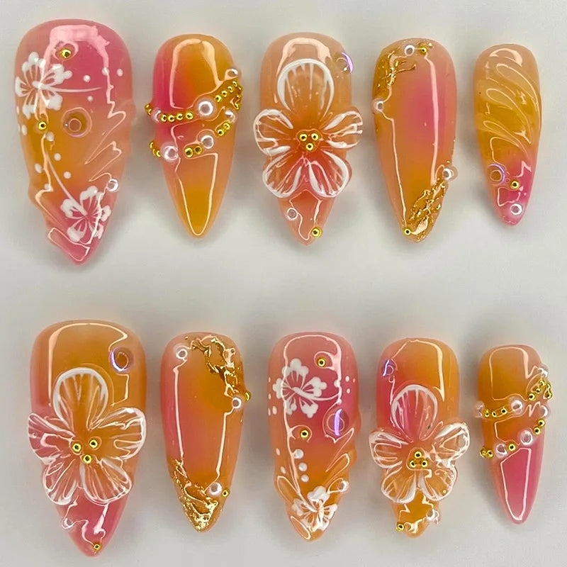 Set de 24 Faux Ongles Fleur Blanche  – Dégradé Pastel Rose & Jaune Chic