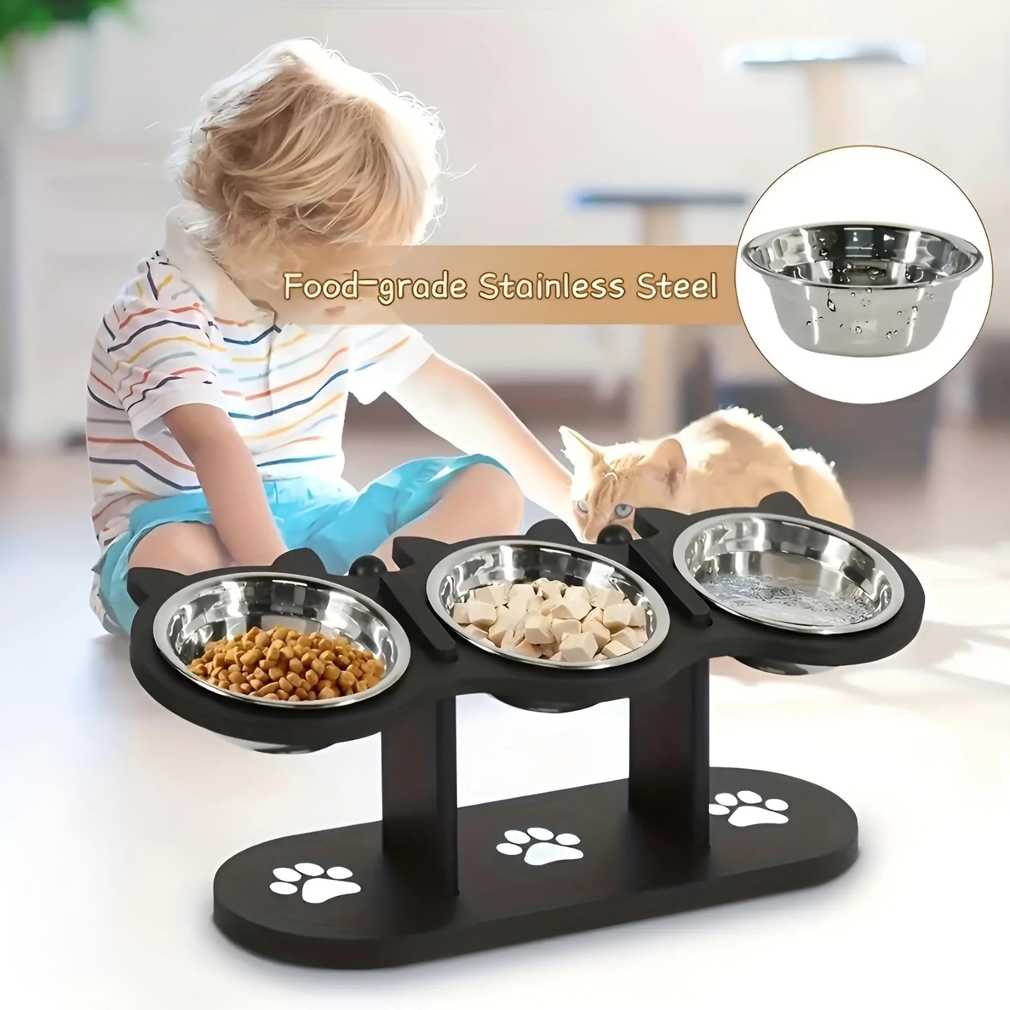 Gamelle surélevée en inox sur cadre bois pour chat — inclinée 15°