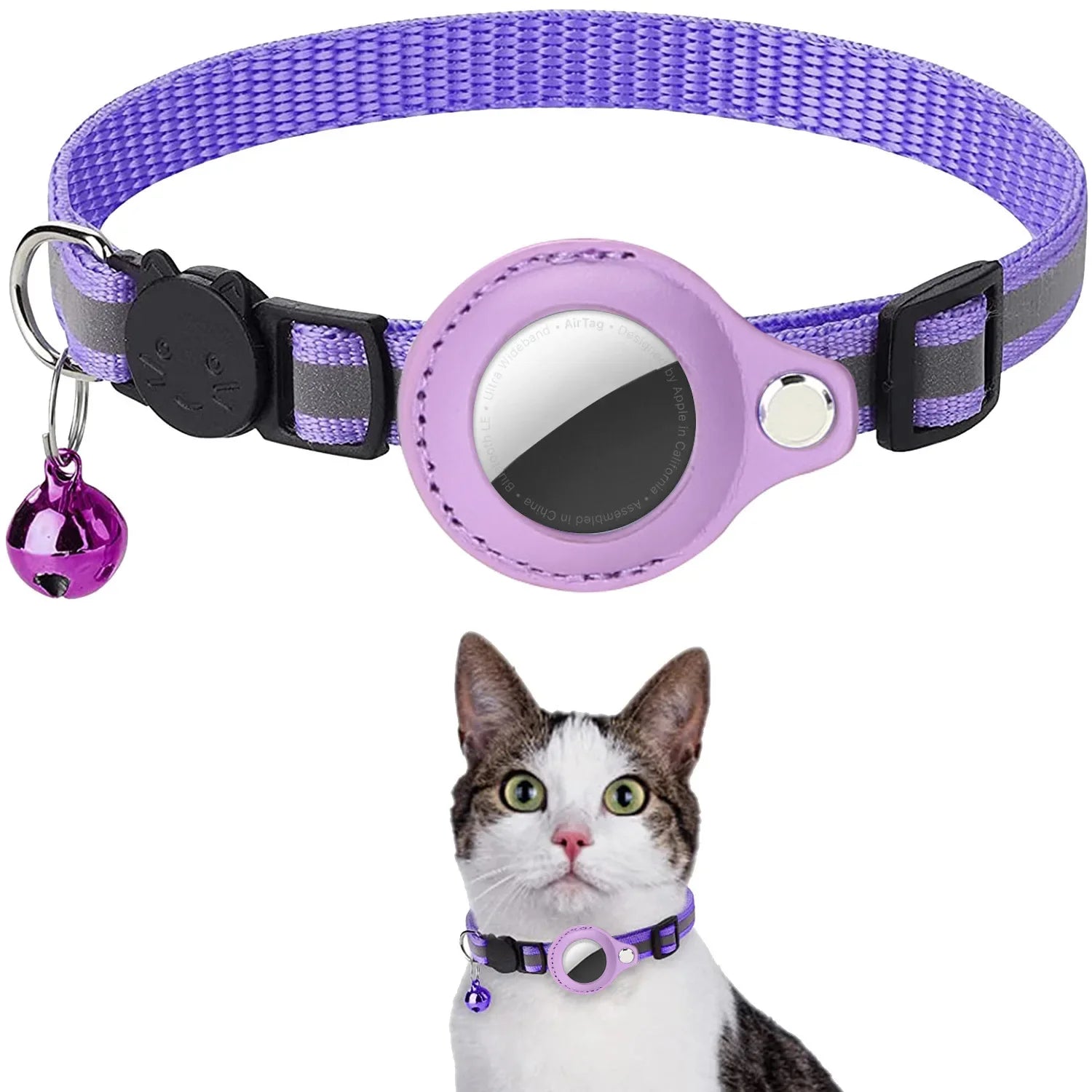 Collier chat support AirTag étanche avec grelot — réfléchissant