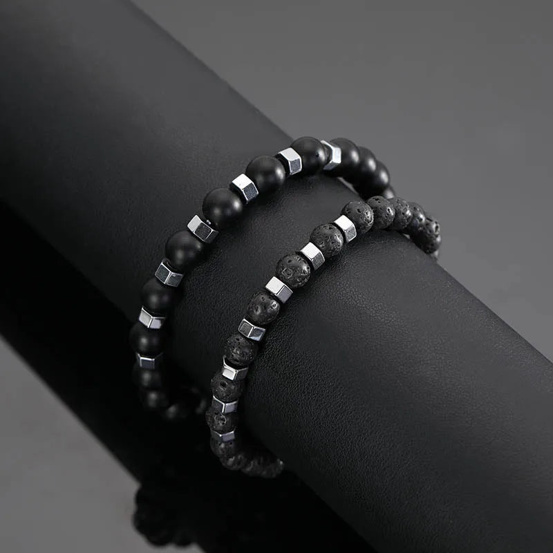 Bracelets Homme – Pierre Volcanique & Perles Noires Givrées | Double Couche