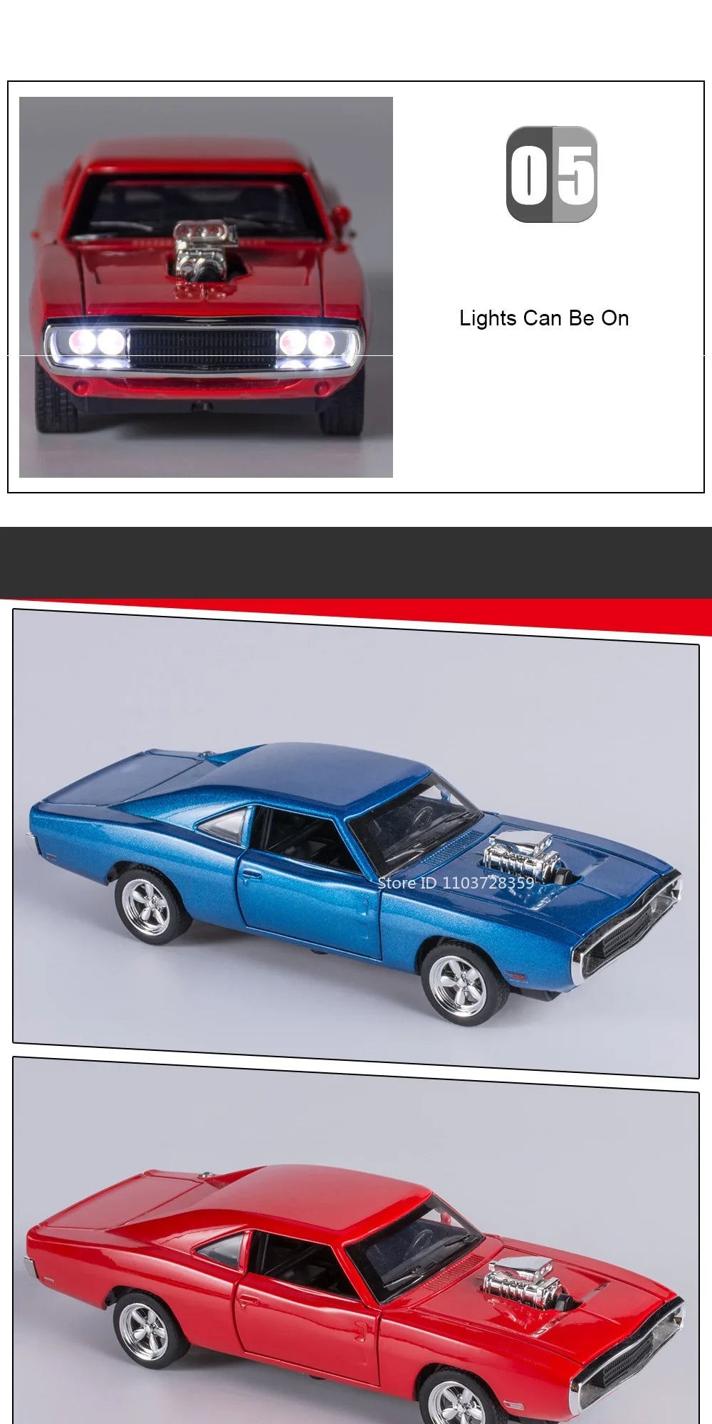 Eldorado Biarritz & Charger 1970 – Voitures Miniatures 1:32 en Alliage | Son & Lumière | Portes Ouvrantes