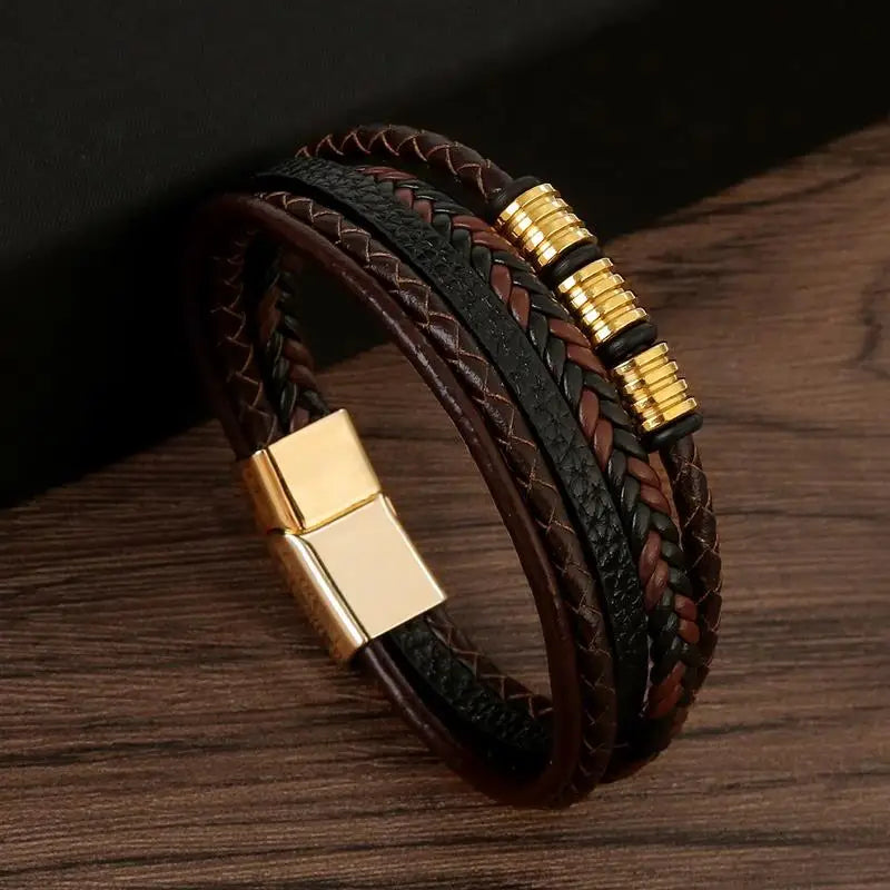 Bracelet en Cuir Multicouche Homme – Style Punk Classique | Tissé à la Main • Boucle Magnétique