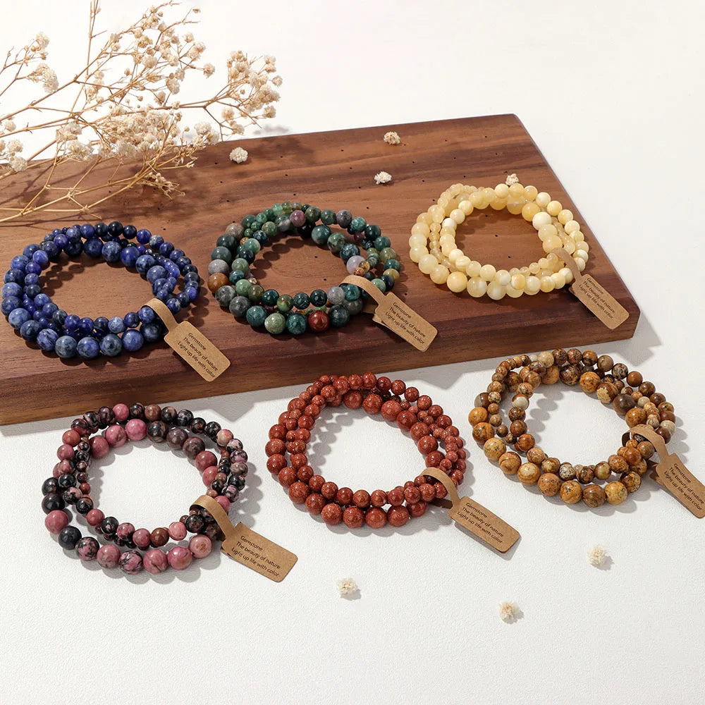 Ensemble de Bracelets en Pierres Naturelles – 3 Pièces – Perles 4 / 6 / 8 mm – Unisexe – Équilibre & Bien-Être