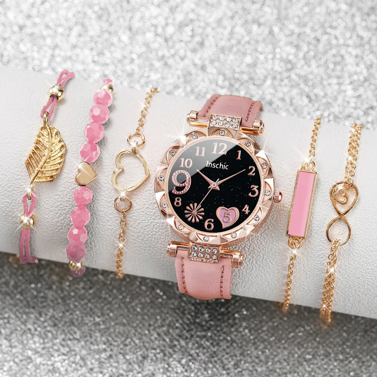 Montre Femme Cœur – Ensemble 6 Pièces Bracelet + Montre (Sans Boîte)