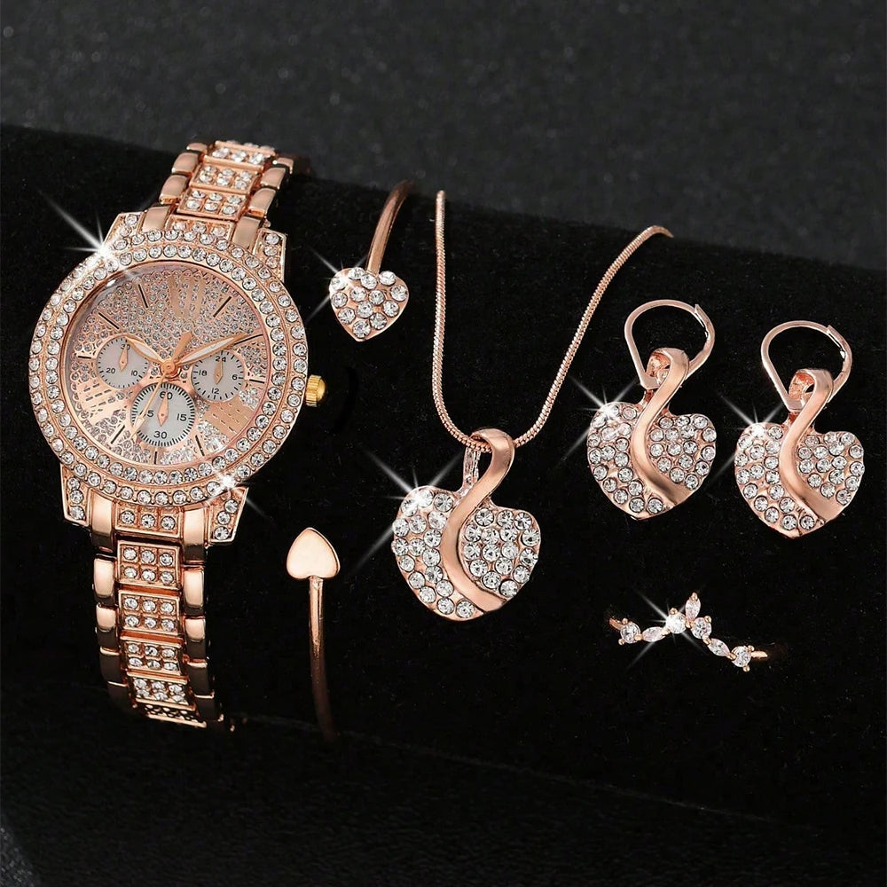 Montre à Quartz Femme – Ensemble Bijoux (Collier + Bague + Boucles d’oreilles + Montre)