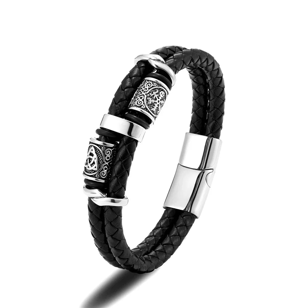 Bracelet Viking Cuir & Acier – Boussole Nordique & Runes
