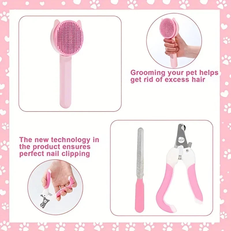 Kit de toilettage 8 pièces pour chat — brosses, coupe-griffes, peigne anti-puces