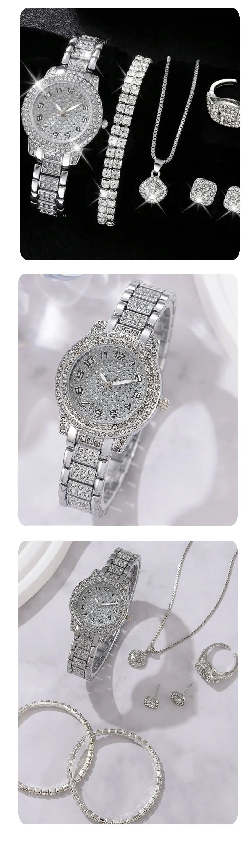 Montres Femme Luxe – Set Élégant 6 Pièces (Quartz • Cristal • Alliage)