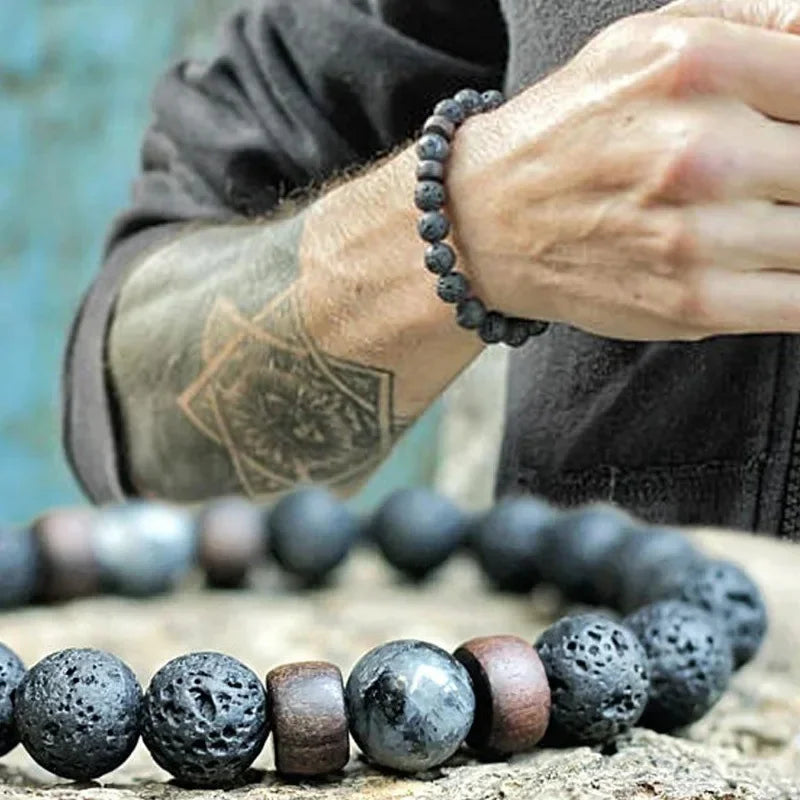 Bracelet Homme en Pierre Volcanique – Perles de Lave & Bouddha Tibétain
