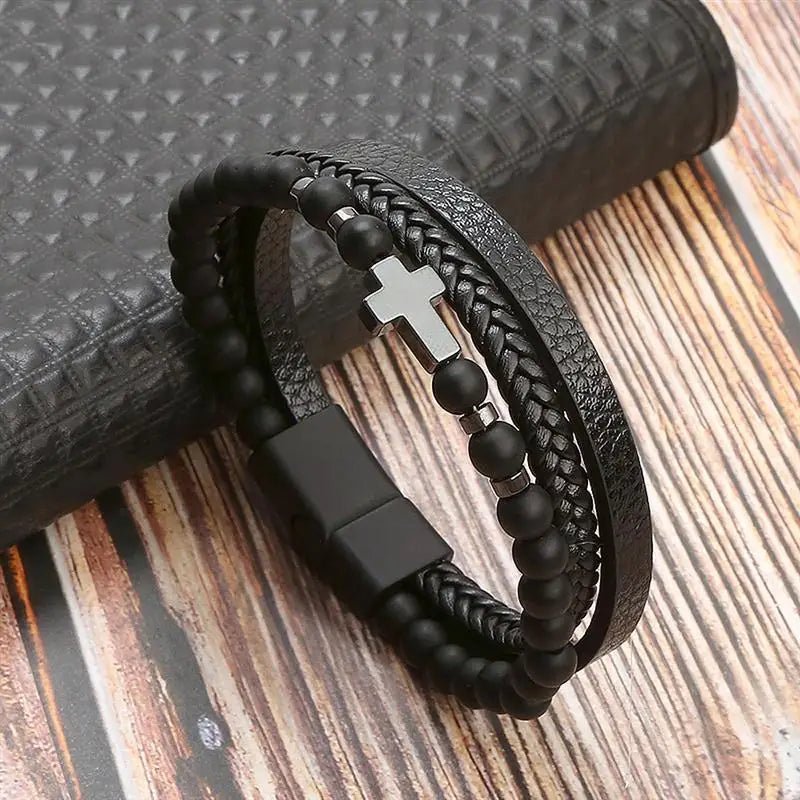 Bracelet en Cuir Multicouche Homme – Style Punk Classique | Tissé à la Main • Boucle Magnétique