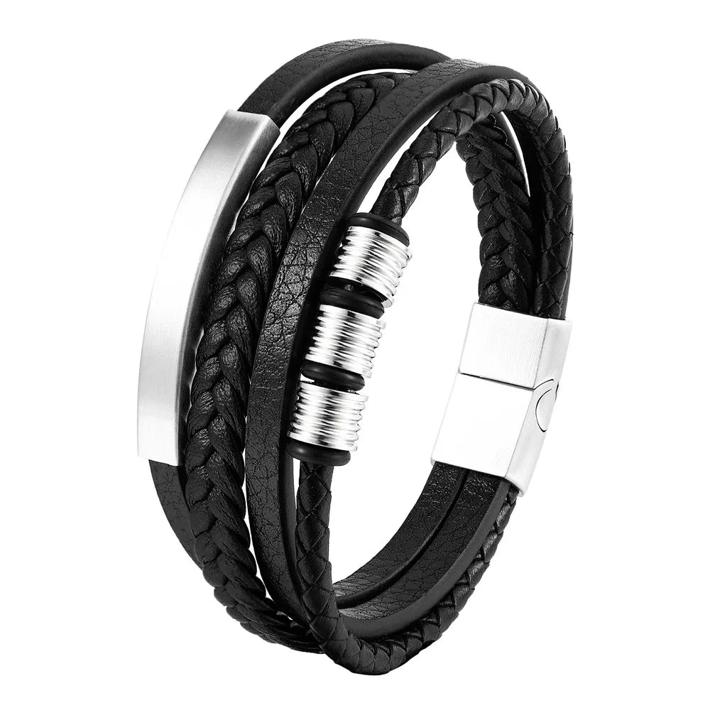 Bracelet Cuir Tressé & Acier – Fermoir Magnétique Homme