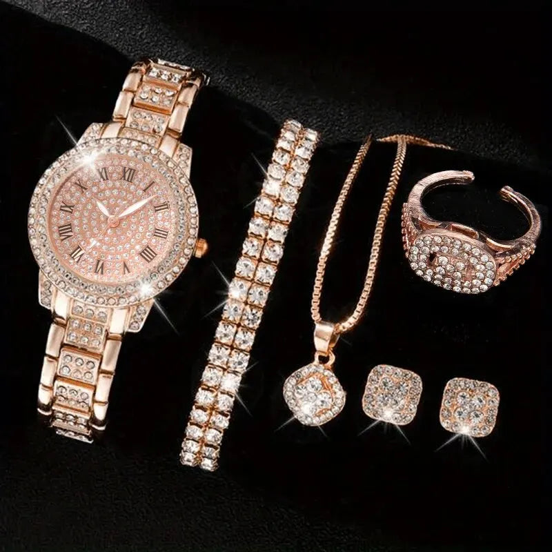 Montres Femme Luxe – Set Élégant 6 Pièces (Quartz • Cristal • Alliage)
