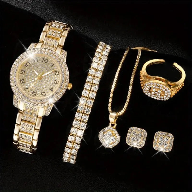 Montres Femme Luxe – Set Élégant 6 Pièces (Quartz • Cristal • Alliage)