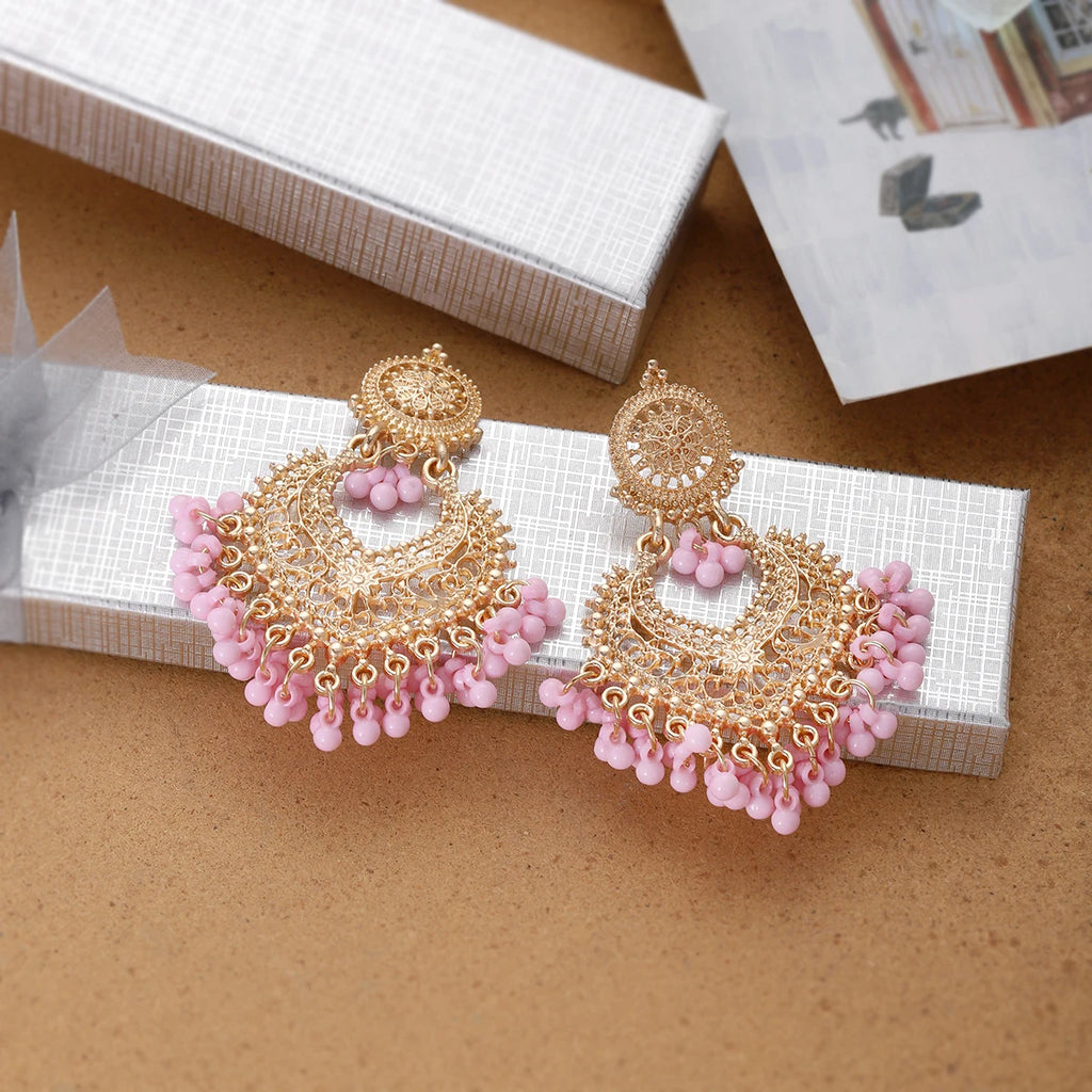 Boucles d’Oreilles Ethniques Cœur & Gland – Plaqué Or Style Bohème