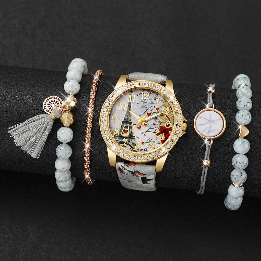 Ensemble Montres & Bracelets Strass – Fleurs & Cuir – Femme (3 / 4 / 5 pièces)