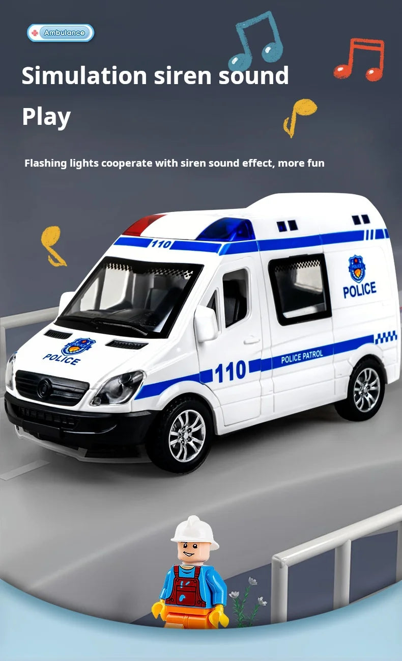 Mini Véhicule d’Urgence 1:32 en Alliage – Ambulance / Police (Son & Lumière)