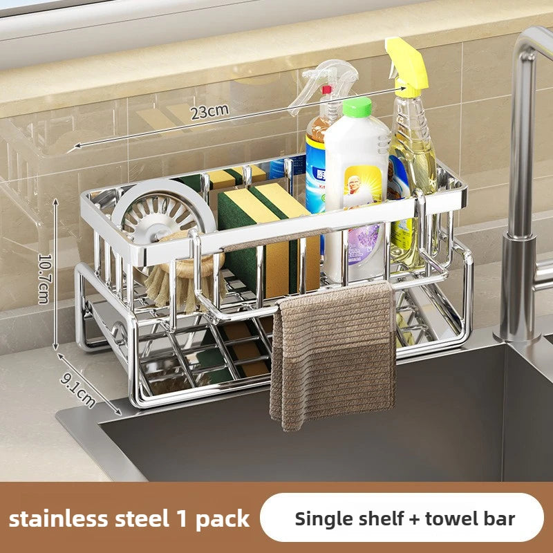 Étagère d’Évier en Acier Inoxydable – Support Torchons & Rangement Cuisine | Sans Perçage