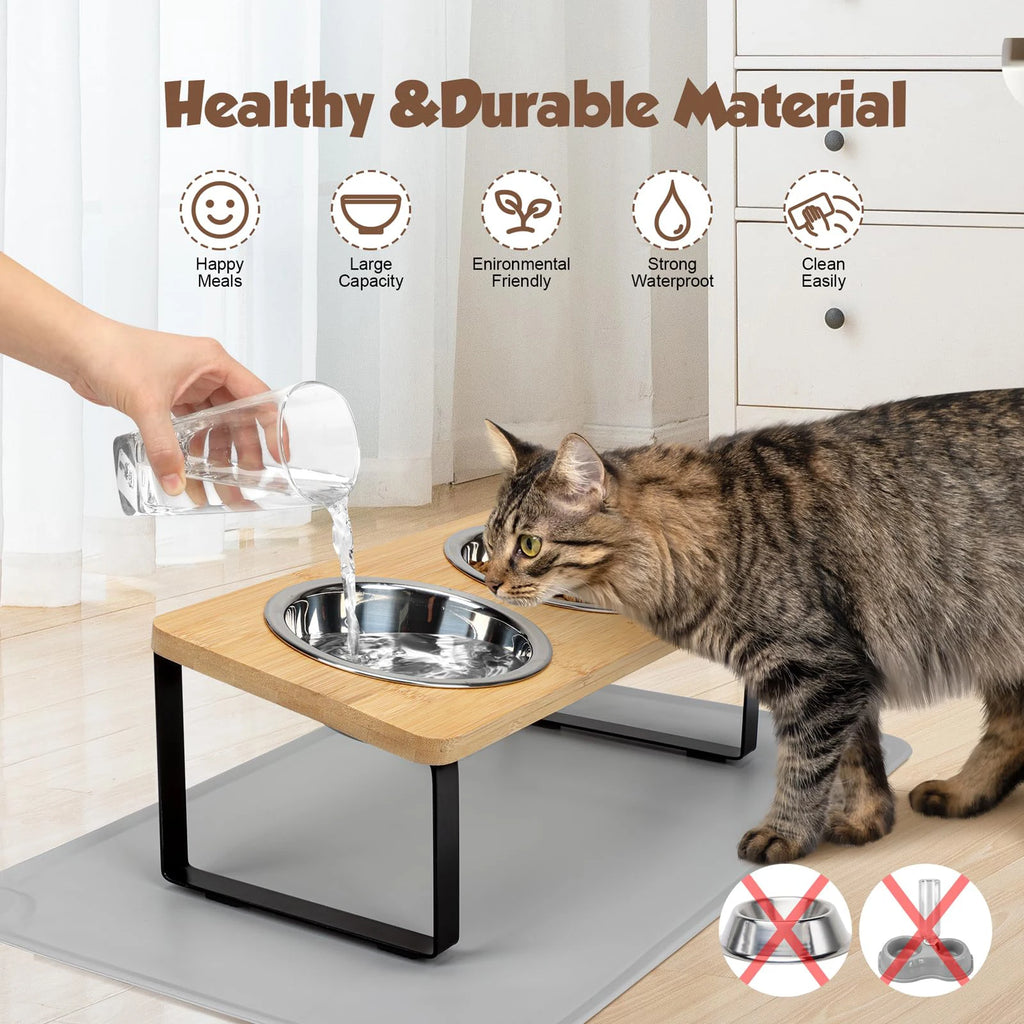 Gamelles surélevées inclinées en inox avec tapis pour chat — 15°
