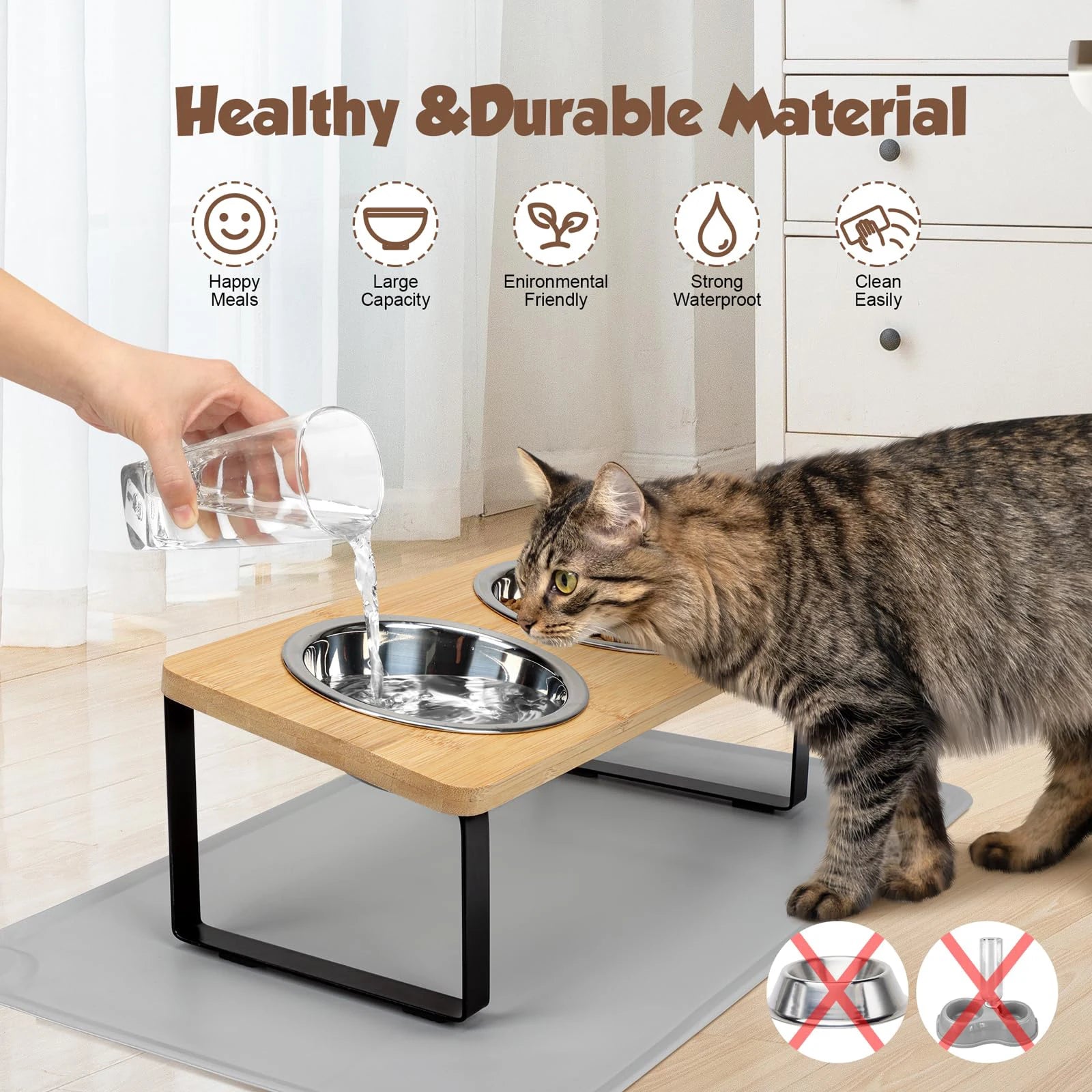 Gamelles surélevées inclinées en inox avec tapis pour chat — 15°