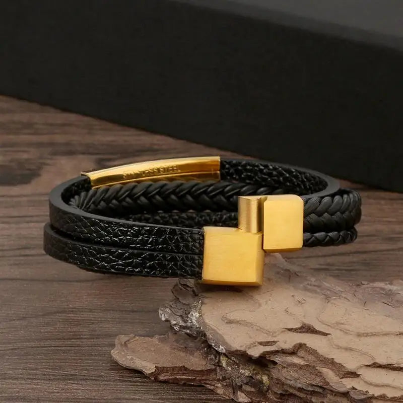 Bracelet en Cuir Multicouche Homme – Style Punk Classique | Tissé à la Main • Boucle Magnétique