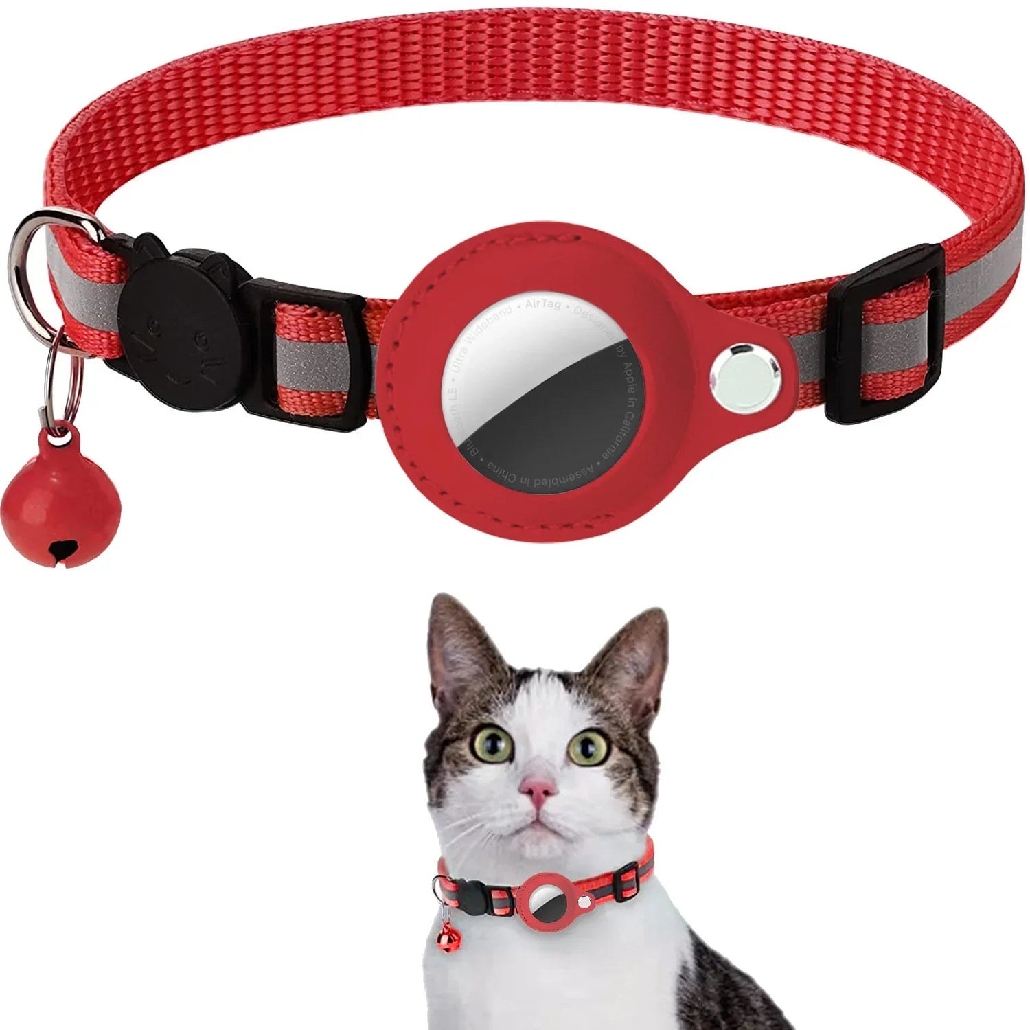 Collier chat support AirTag étanche avec grelot — réfléchissant