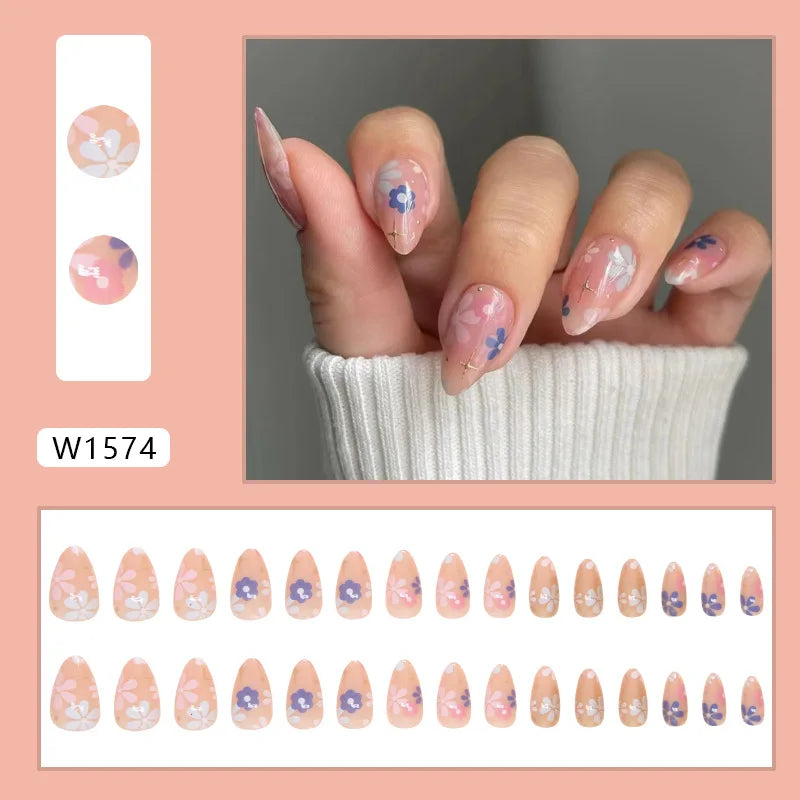 Set de 24 Faux Ongles Fleur Blanche  – Dégradé Pastel Rose & Jaune Chic