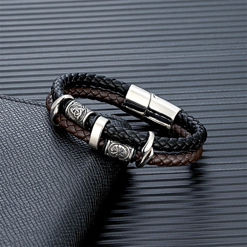Bracelet Viking Cuir & Acier – Boussole Nordique & Runes