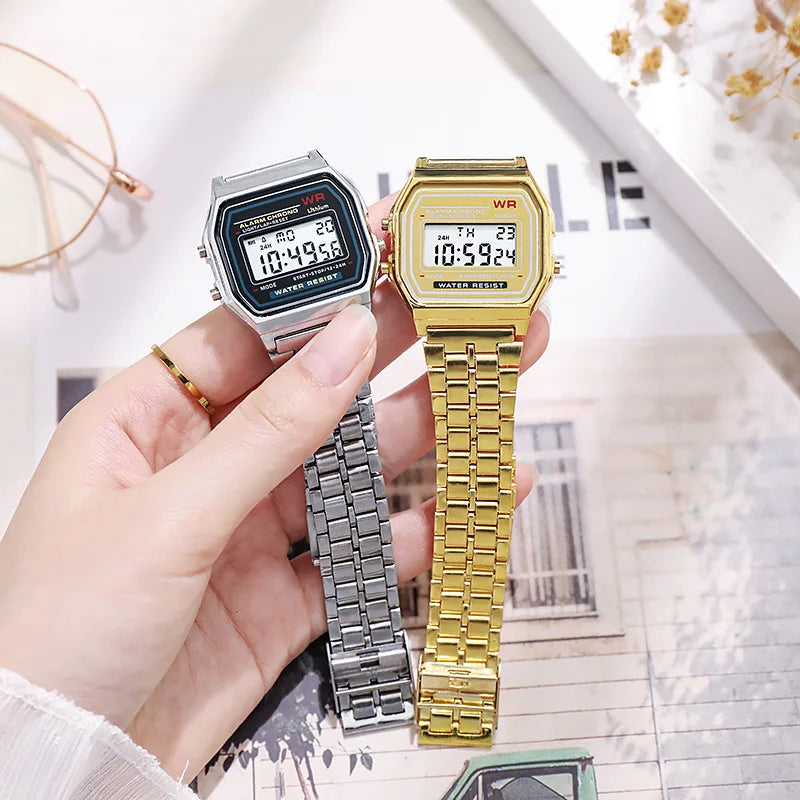 Montre Digitale Rétro – Luxe Or Rose & Acier (Femmes)