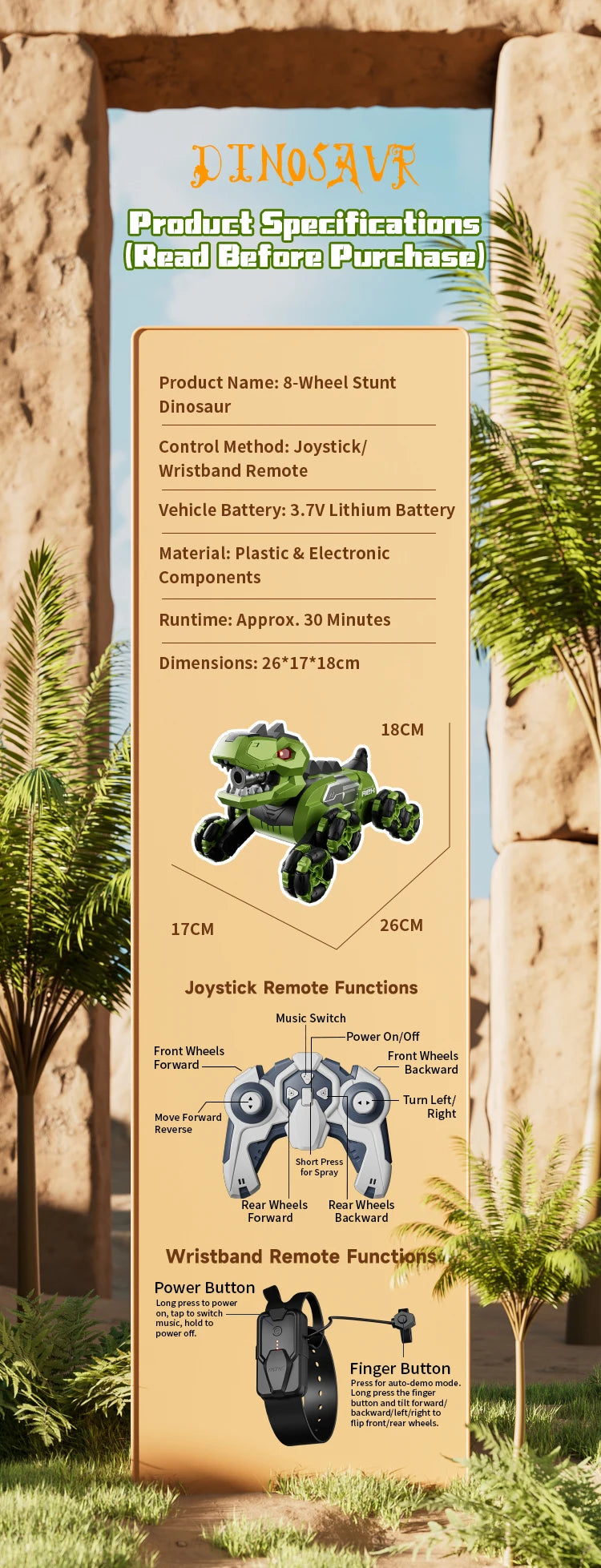 Dinosaure Y12 – 8WD, Bras Articulés, Dérive & Vapeur Brume