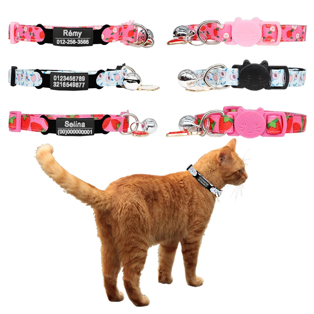 Collier chat motif fruits avec grelot — sécurité et plaque ID