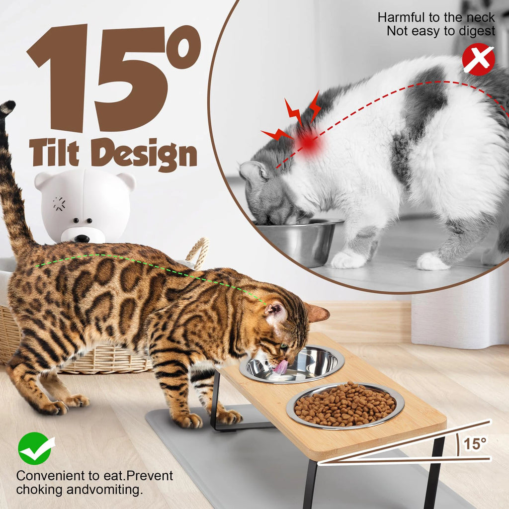 Gamelles surélevées inclinées en inox avec tapis pour chat — 15°