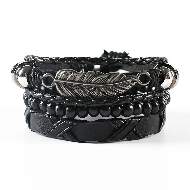 Bracelet Homme Luxe – Set de 4 Bracelets Tressés en Cuir (Style Ethnique Tribal)