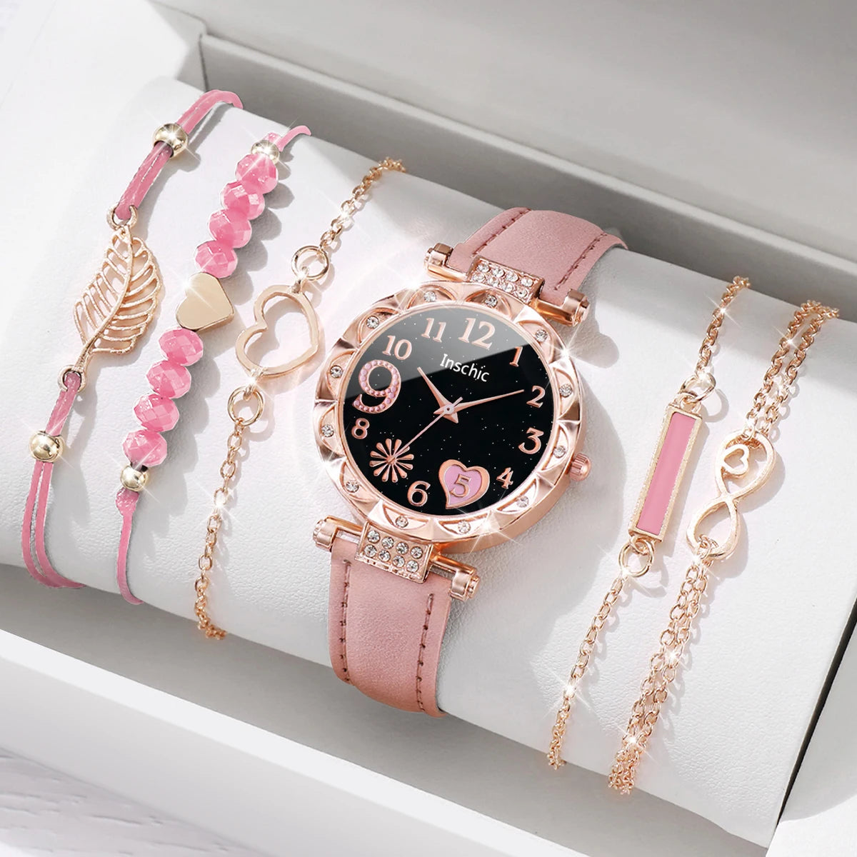 Montre Femme Cœur – Ensemble 6 Pièces Bracelet + Montre (Sans Boîte)