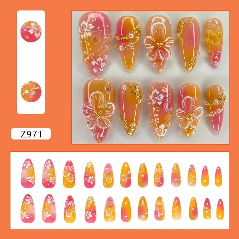 Set de 24 Faux Ongles Fleur Blanche  – Dégradé Pastel Rose & Jaune Chic