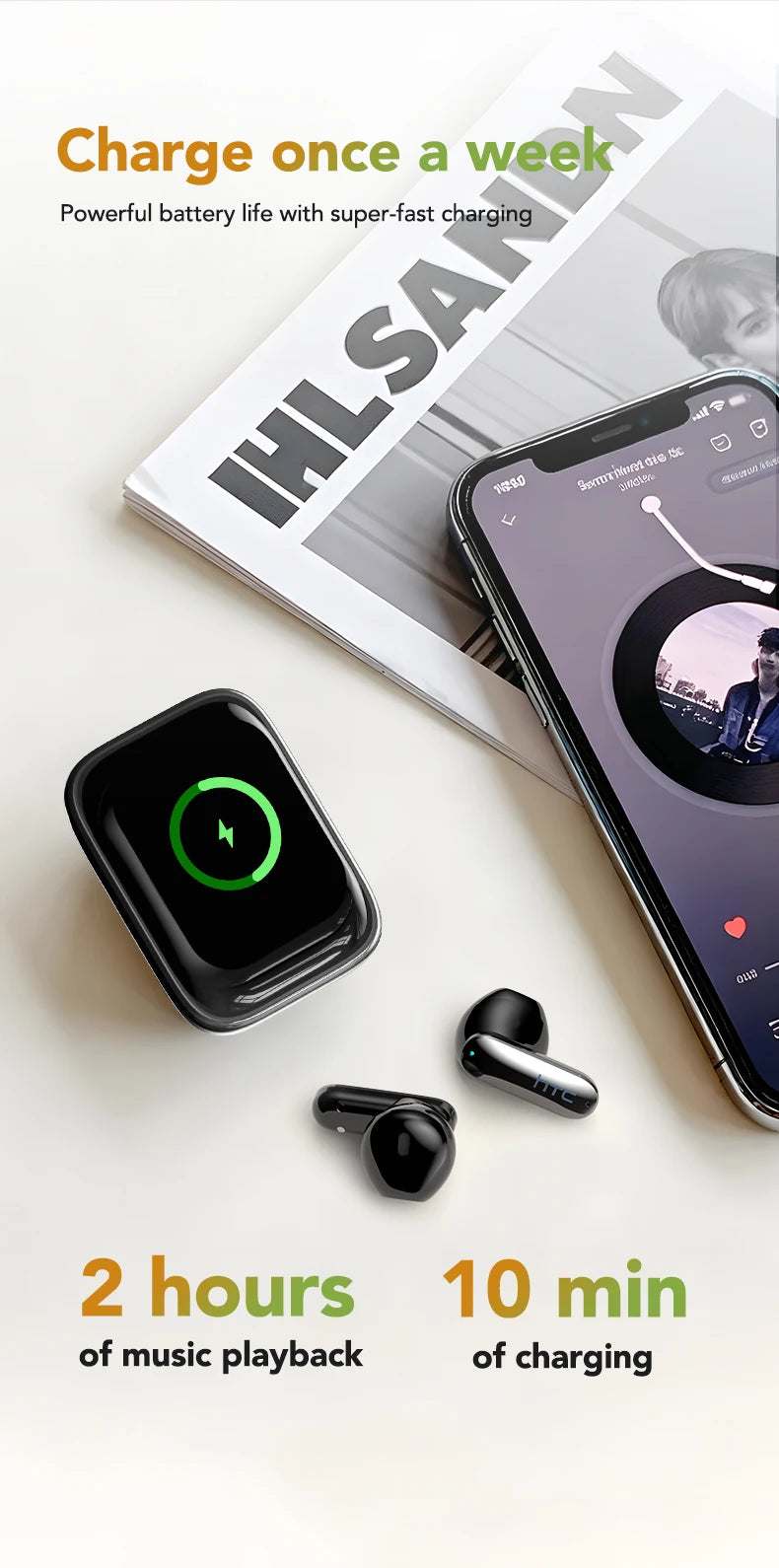 HTC NE48 – Écouteurs Bluetooth TWS AI – Traducteur Intelligent – Écran Ultra HD – Autonomie 48h