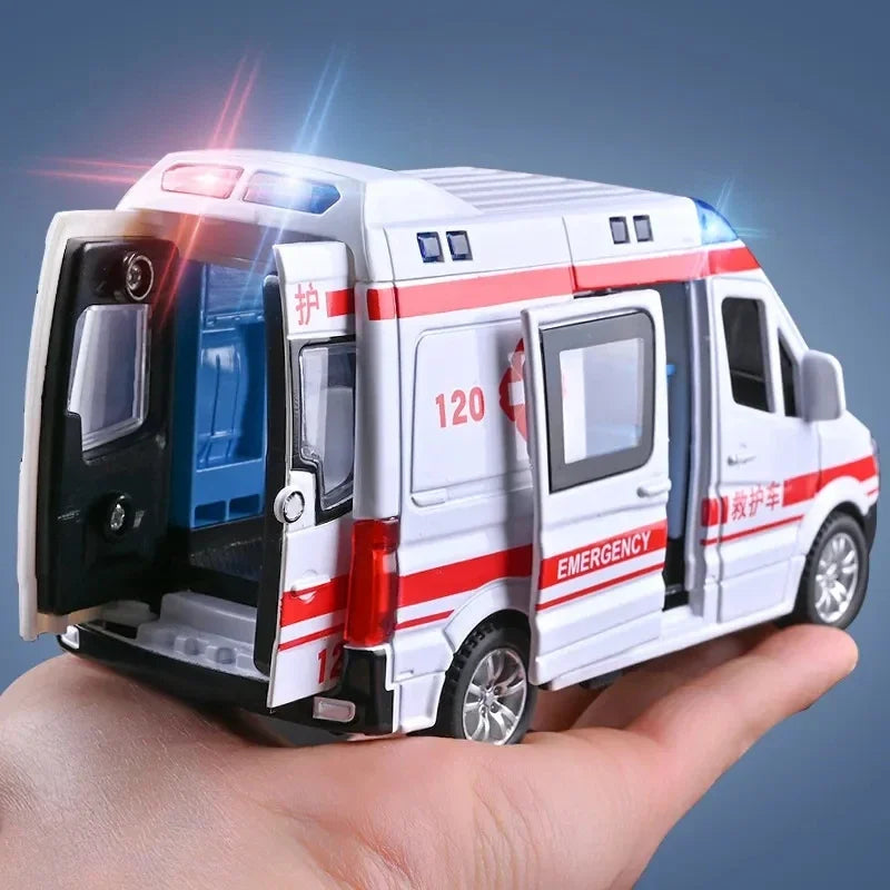 Mini Véhicule d’Urgence 1:32 en Alliage – Ambulance / Police (Son & Lumière)