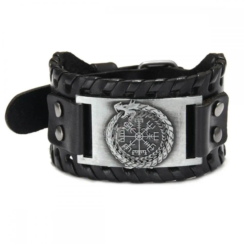 Bracelet Viking Homme – Cuir Tressé & Rune Nordique | Boussole & Dieu Oiseau