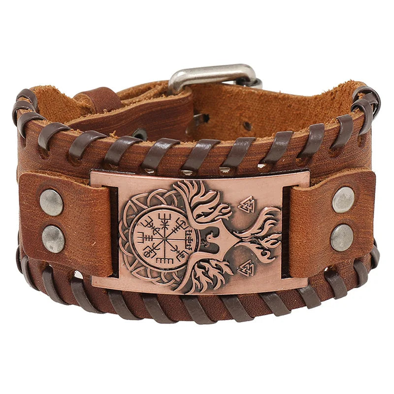 Bracelet Viking Homme – Cuir Tressé & Rune Nordique | Boussole & Dieu Oiseau