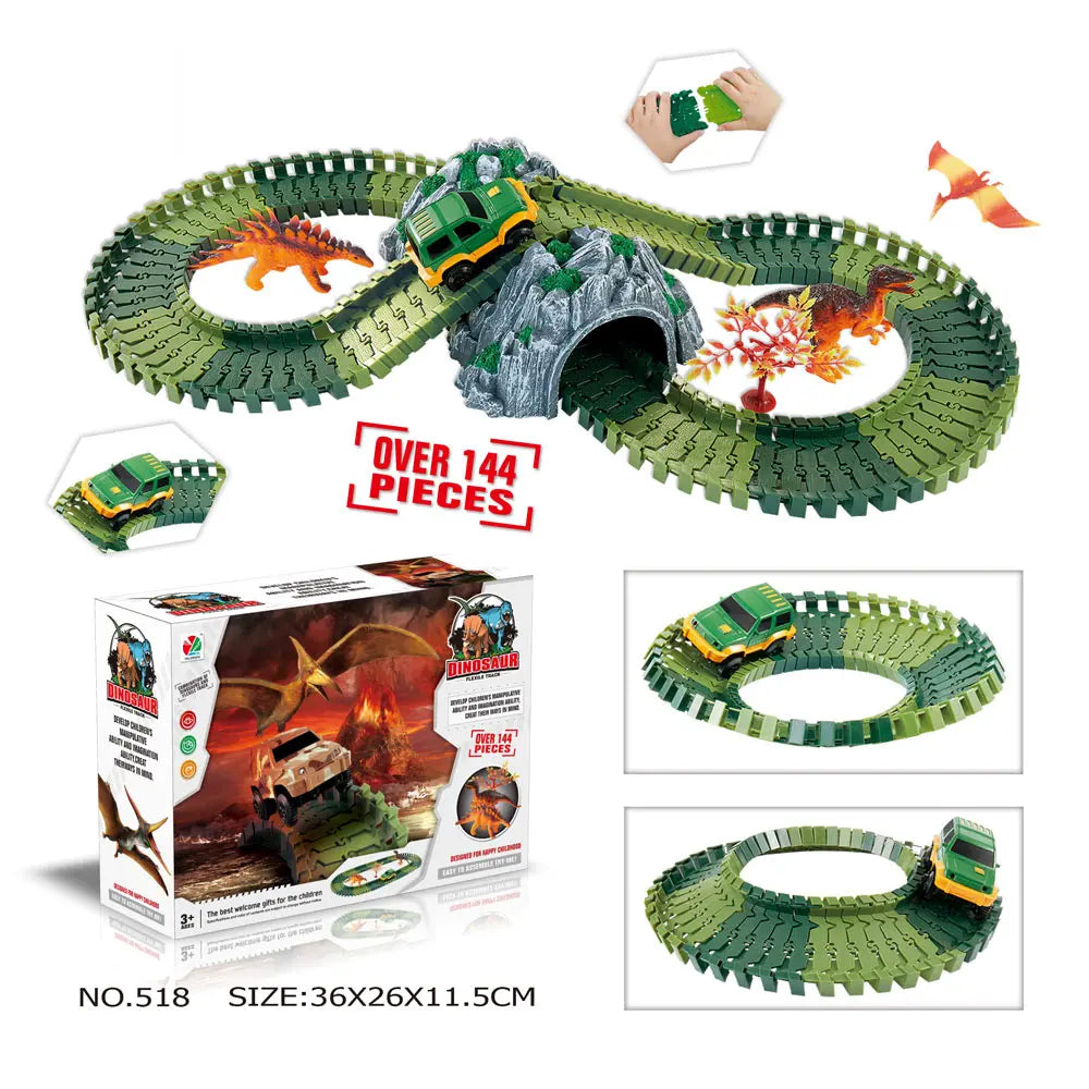 Piste de Course Dinosaure Flexible – Voiture Flash / Sans Lumière – Jouet Éducatif Enfants