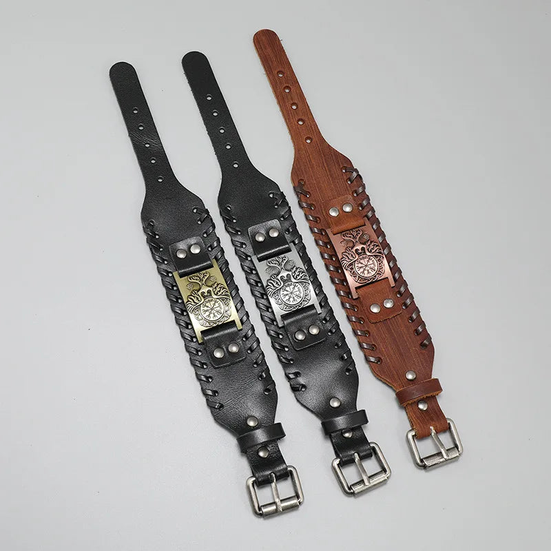 Bracelet Viking Homme – Cuir Tressé & Rune Nordique | Boussole & Dieu Oiseau
