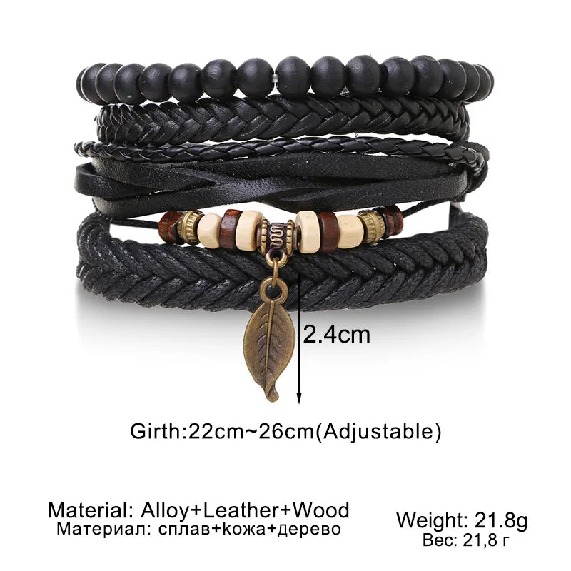 Bracelet Homme Luxe – Set de 4 Bracelets Tressés en Cuir (Style Ethnique Tribal)